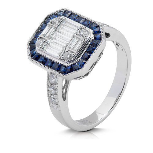 Anillo diseño oro blanco 18kt diamantes y zafiros azules
