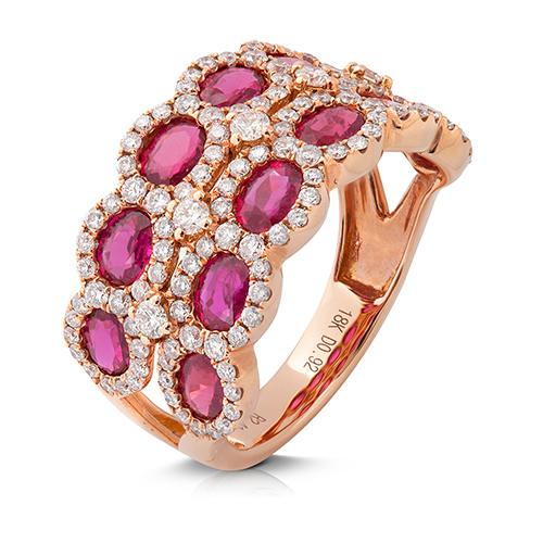 Anillo  diseño de oro rosa 18 Kt con diamantes y rubis