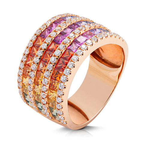 Anillo diseño oro rosa 18 kt con diamantes y zafiros multicolor