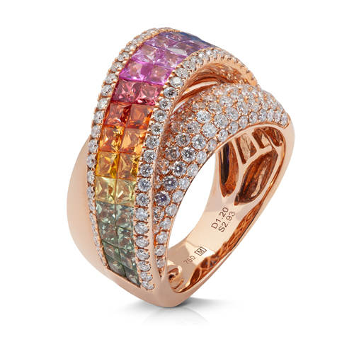 Anillo diseño oro rosa 18kt con diamantes y zafiros multicolor