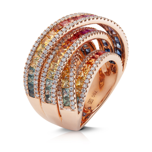 Anillo diseño oro rosa 18kt diamantes y zafiros multicolor